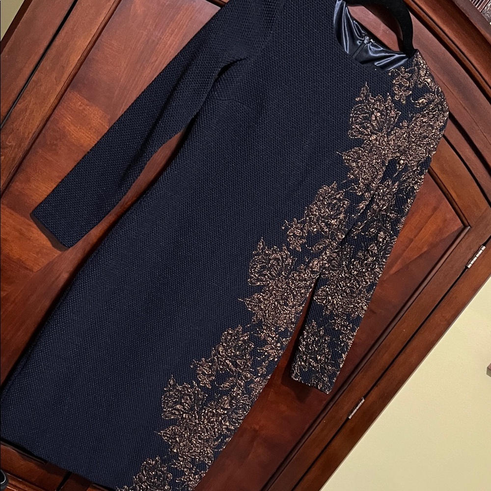 Teri Jon Navy Dress with Copper Floral Accents Size 6
